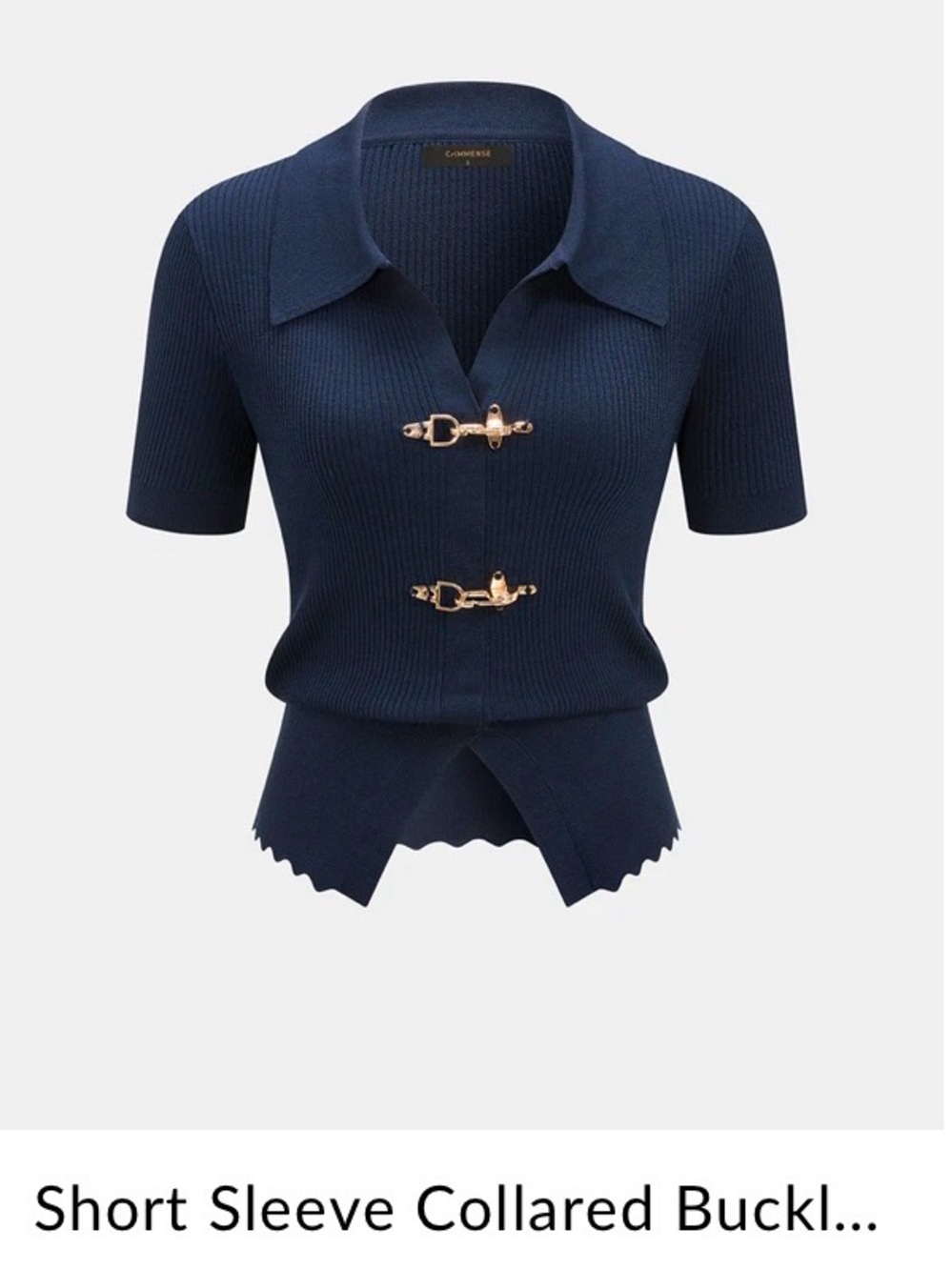 Commense Navy Short Sleeve Collared Knit Top with Gold Buckles